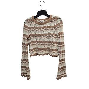 Crochet Crop Cream and Brown Flare Sleeve Cotton Sweater Scallop Edge Size Small
